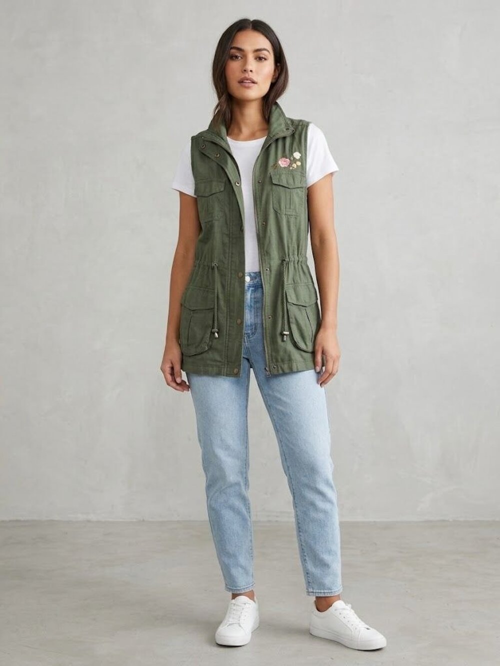 Ashley 26 International Womens Utility Vest M Olive Green Floral Embroidered Car